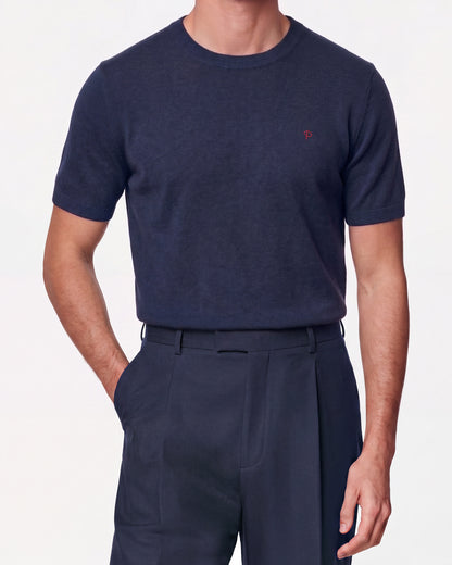 Knitted O-Neck Navy Blue Cotton T-Shirt