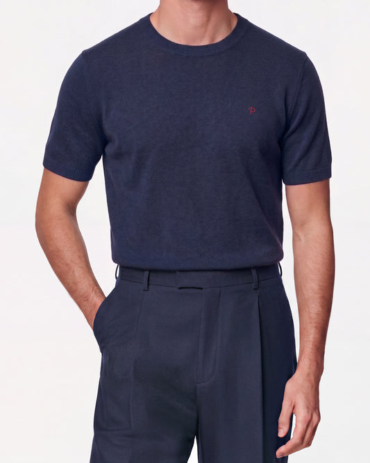 Knitted O-Neck Navy Blue T-Shirt