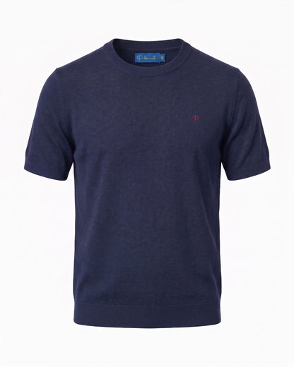 Knitted O-Neck Navy Blue Cotton T-Shirt