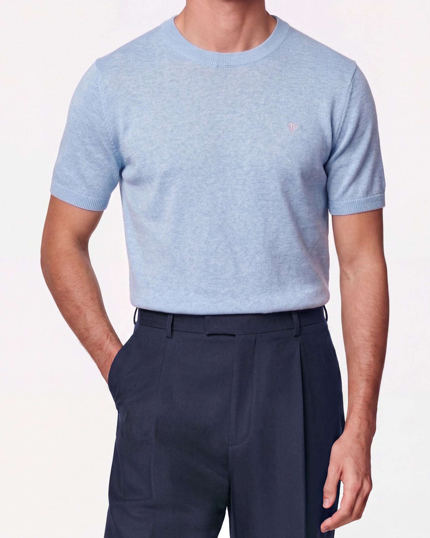 Knitted O-Neck Light Blue Cotton T-Shirt