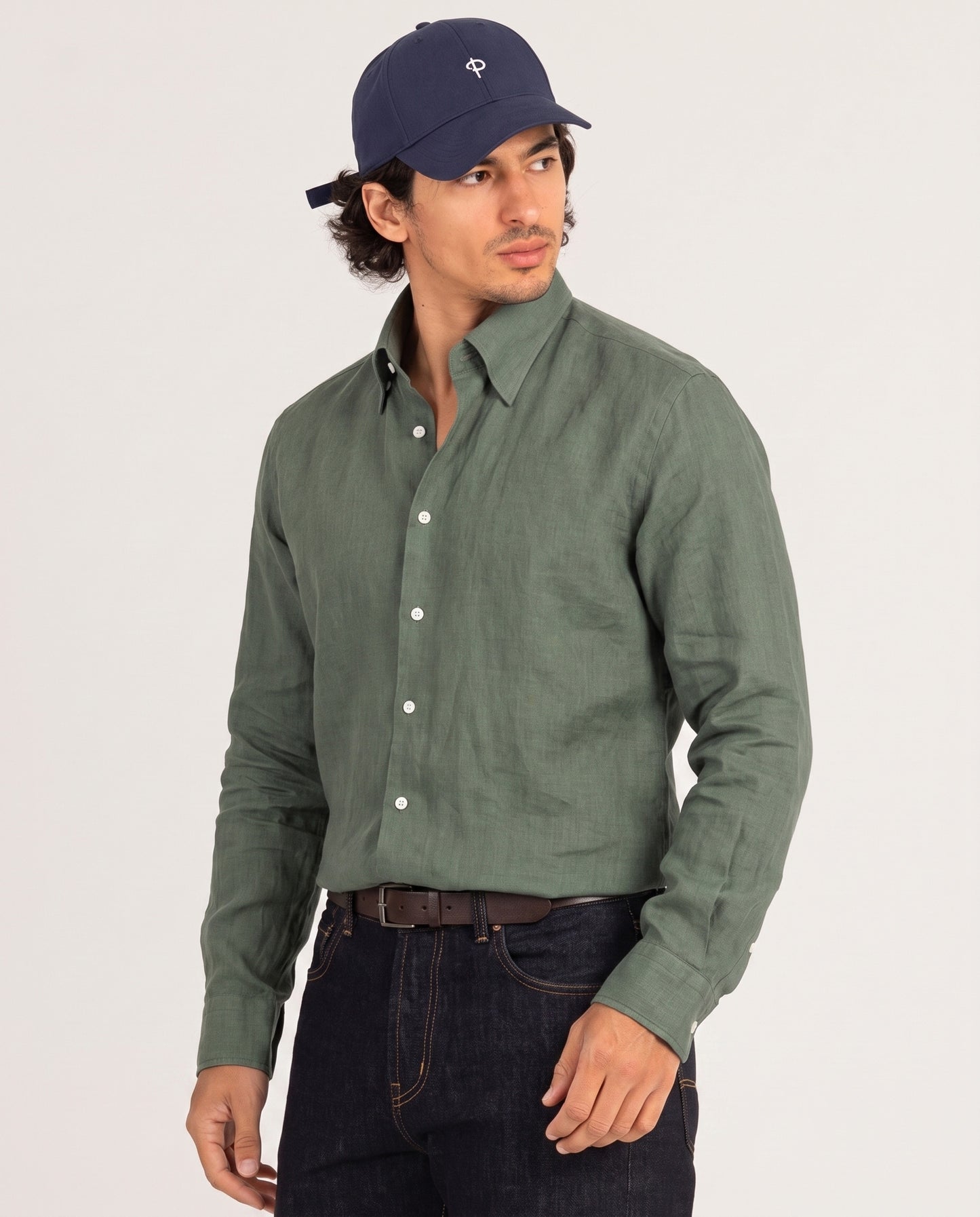Olive Green Linen Shirt Hidden Button Collar
