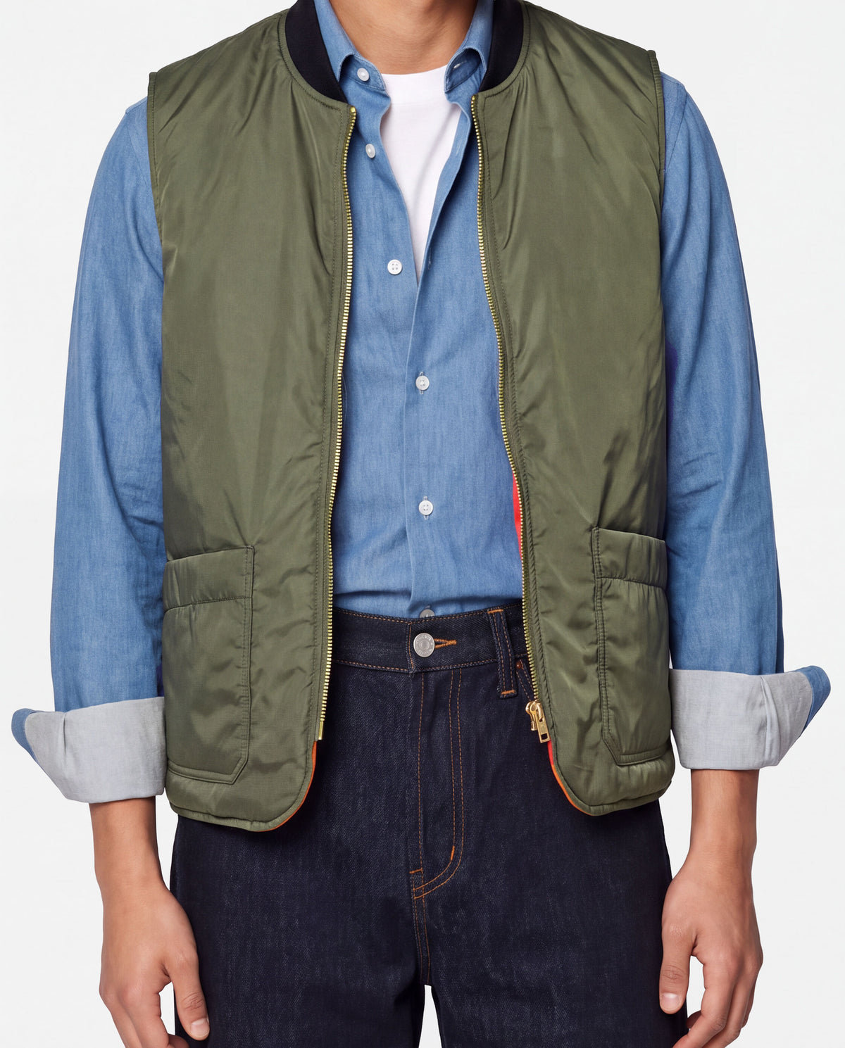 Reversible Quilted Nylon Vest Orange & Olive