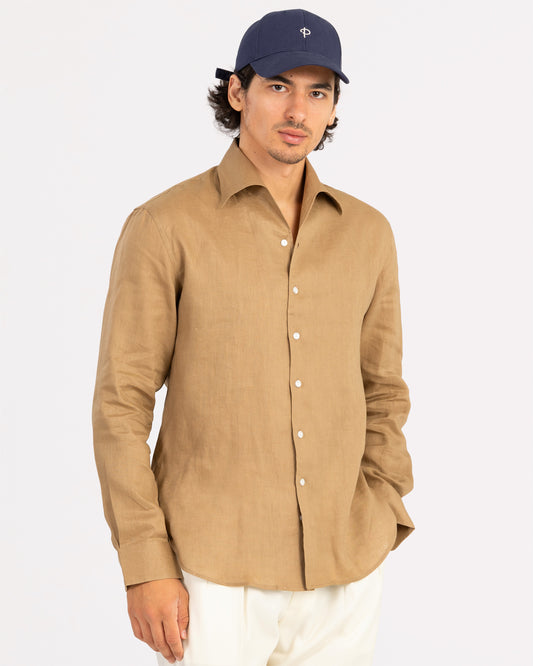 Brown Linen Shirt One-Piece Collar
