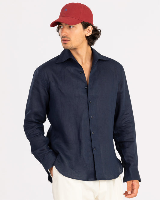 Navy Blue Linen Shirt One-Piece Collar