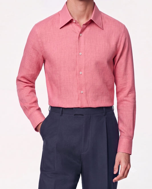 Red Pink Linen Shirt Hidden Button Collar