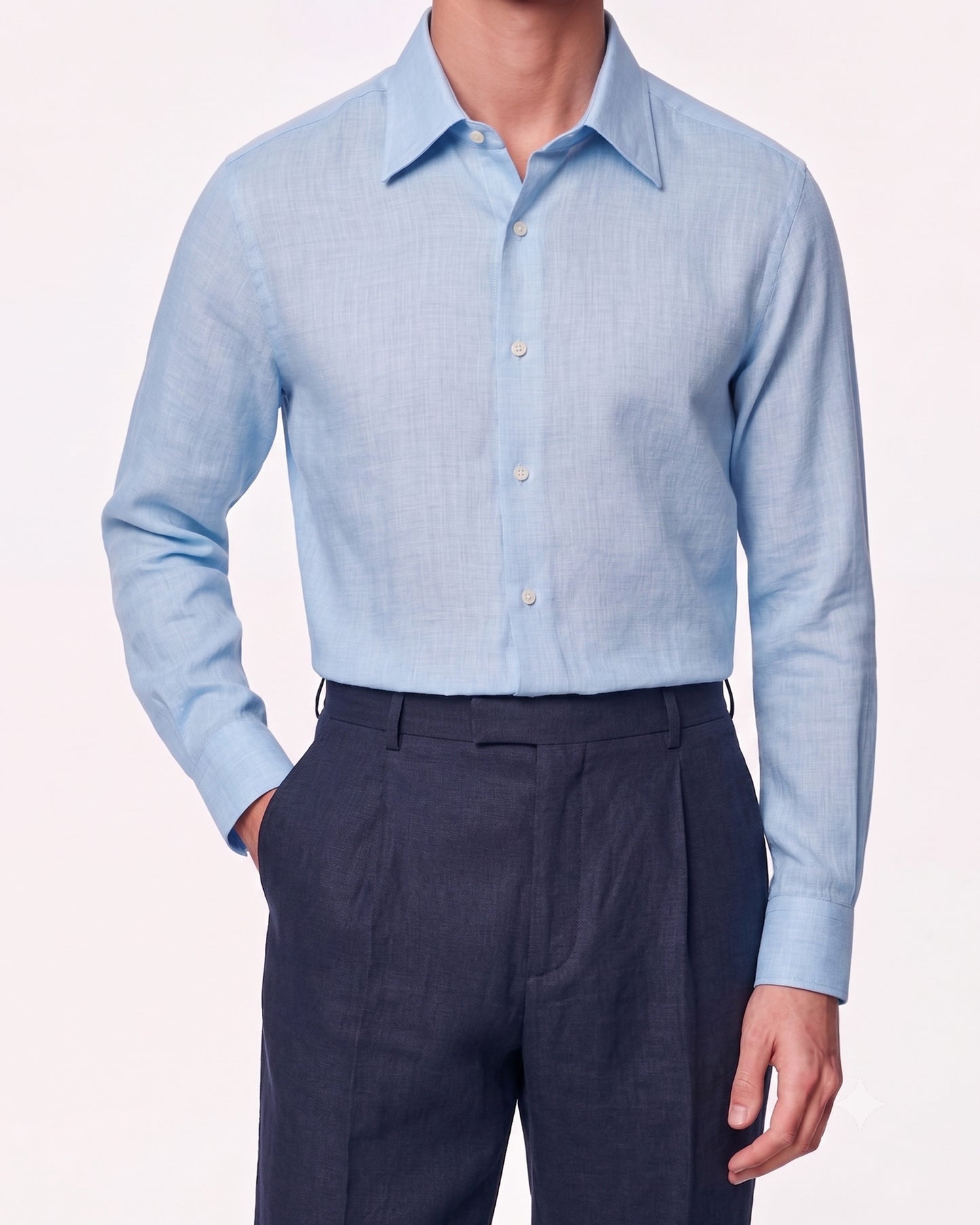 Light Blue Linen Shirt Hidden Button Collar