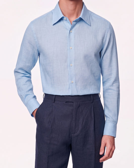 Light Blue Linen Shirt Hidden Button Collar
