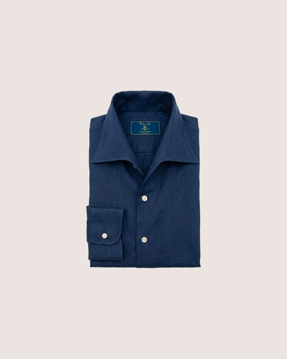 Navy Blue Linen Shirt One-Piece Collar