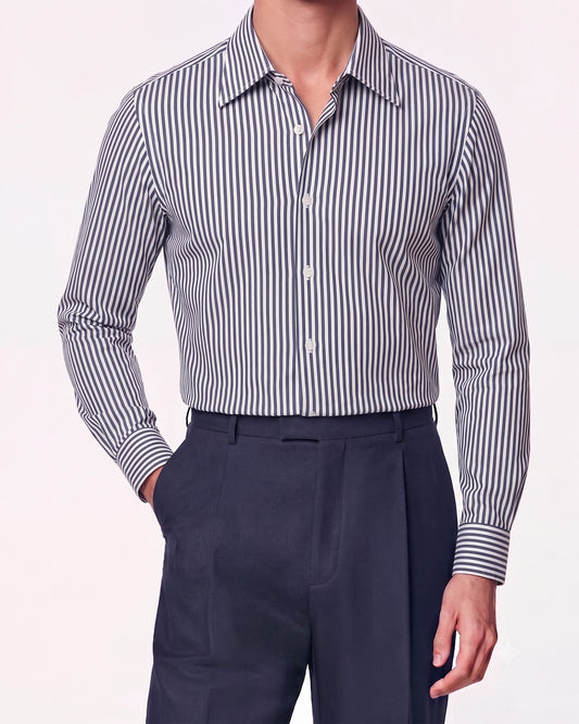 Dark Navy Striped Cotton Shirt Hidden Button Collar