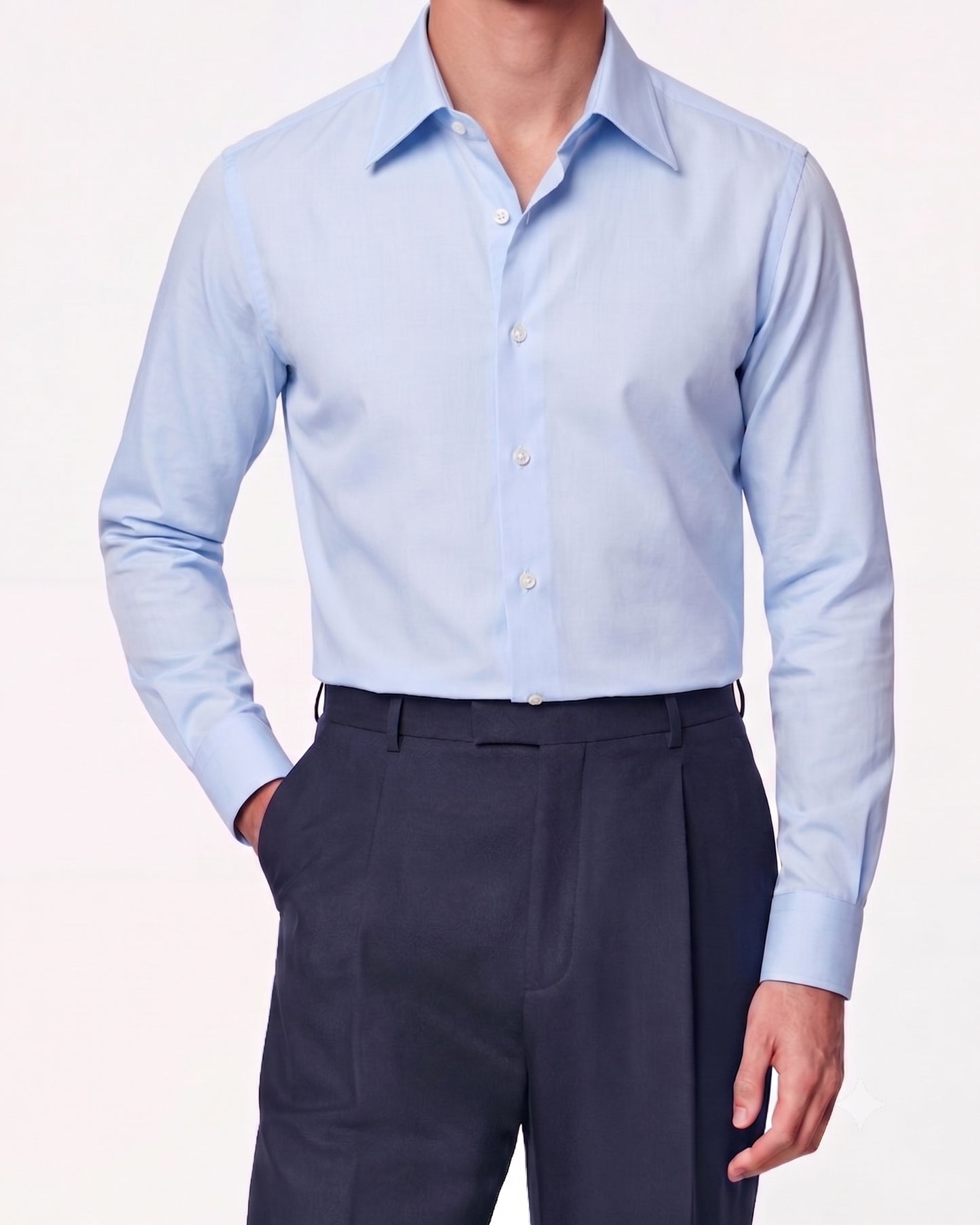 Light Blue Silk-Cotton Shirt Hidden Button Collar