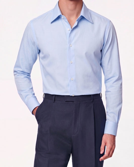 Light Blue Silk-Cotton Shirt Hidden Button Collar