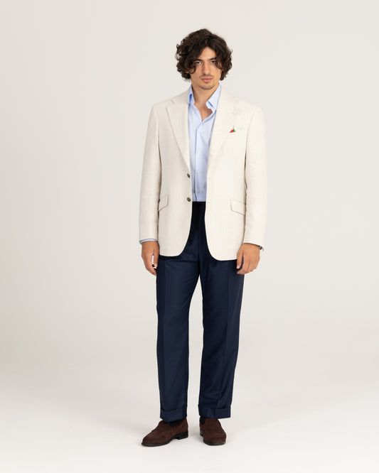 Single Breasted Blazer Beige Herringbone Linen
