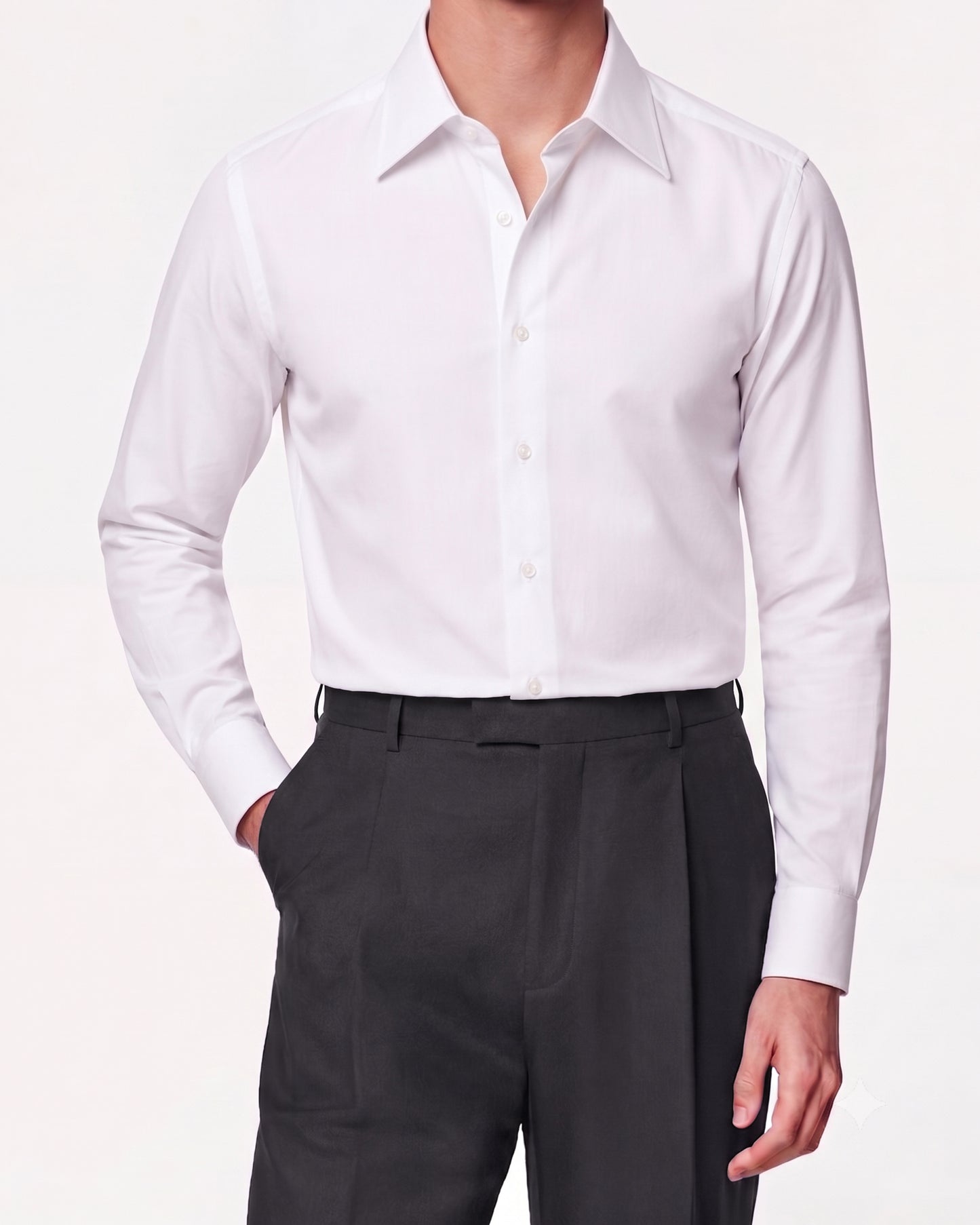 White Silk-Cotton Shirt Hidden Button Collar