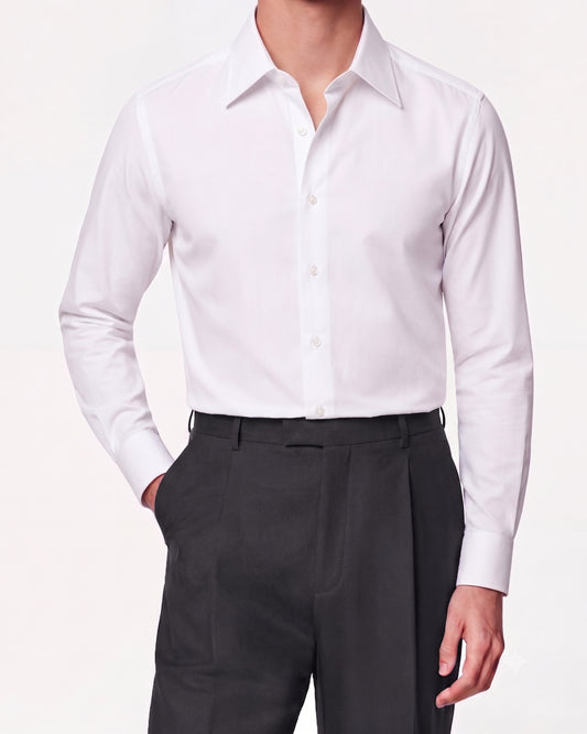 White Silk-Cotton Shirt Hidden Button Collar