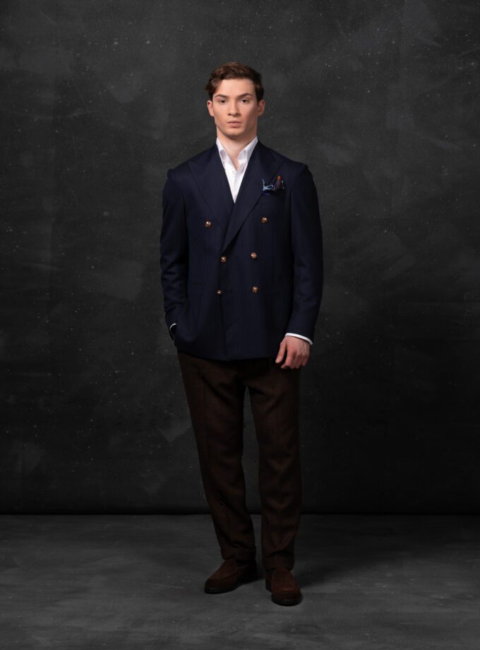 Brown Herringbone Tweed Double Pleated