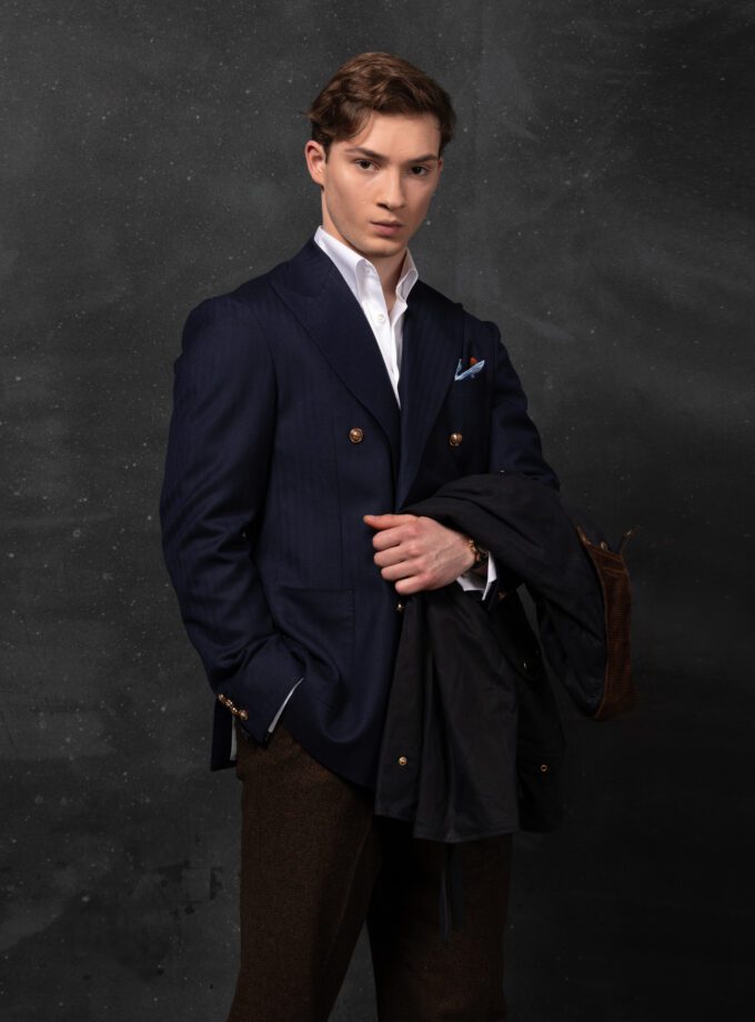 Blue Herringbone Double Breasted Blazer